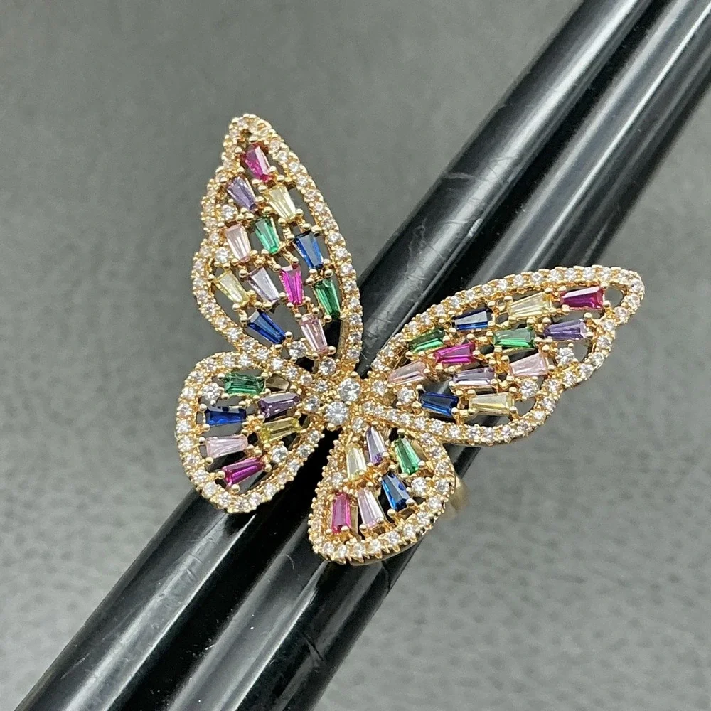 Ring Size 7 Gold Tone Multicolor Butterfly Rhinestone Cocktail Womens Jewelry